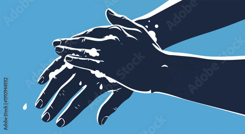 Close up of Dark Hands Being Washed with Water and Soap Bubbles on a Vibrant Blue Background with Droplets