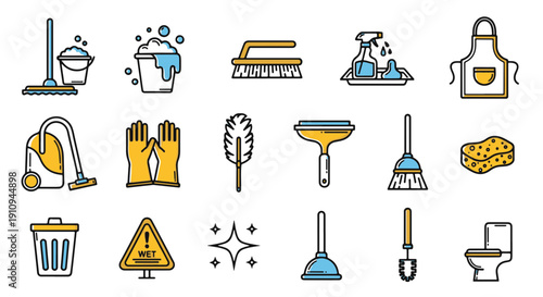 A versatile assortment of modern cleaning implements and hygiene symbols, ideal for maintenance and sanitary service design projects