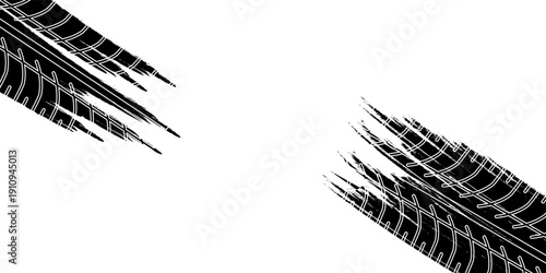 Tire tread marks, drift, motorsport, motocross, rally, tread mark with skid, grinding, splash effect. Graphic set of tire treads, wheel texture, car racing. Vector collection, wheel treads on asphalt