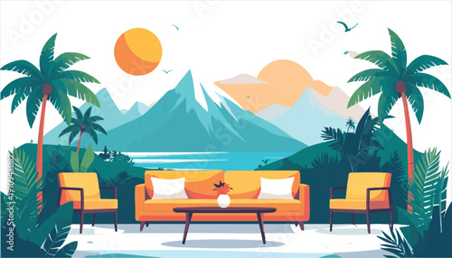 vector Tropical Outdoor Patio with Mountain View