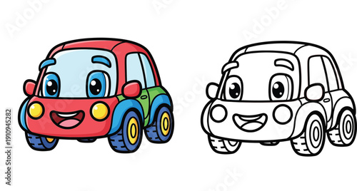 Cute cartoon toy car vector illustration. Colorful red vehicle and black and white line art outline for coloring book page. Happy automobile character isolated on white background.