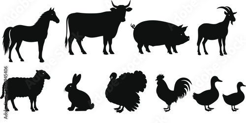 Collection of black farm animal silhouettes featuring horse cow pig goat sheep rabbit turkey rooster and ducks isolated on white background for agriculture and livestock designs
