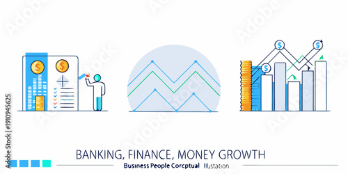 Illustration depicting financial growth banking and investment concepts with line art