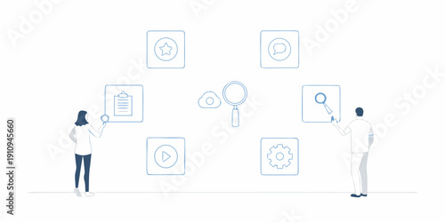 People interacting with floating icons representing digital concepts and data