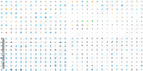 Abstract arrangement of colorful symbols and characters on a white background