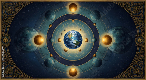 Elaborate cosmic diagram showcasing an ancient geocentric understanding of the universe with Earth as its focal point, encircled by celestial bodies and golden orbits