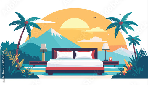 Vector illustration Page of a serene tropical bedroom with mountain landscape at Page