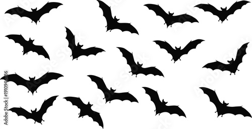 Collection of black bat silhouettes featuring various flying wing positions isolated on white background for halloween spooky nature and nocturnal wildlife vector designs
