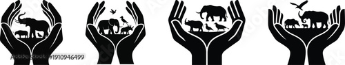 A set of black and white illustrations depicting hands cradling various animals and wildlife in a symbolic gesture of protection and conservation.