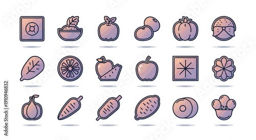 Collection of assorted fruits and vegetables displayed in a grid layout on a white background from a direct viewpoint
