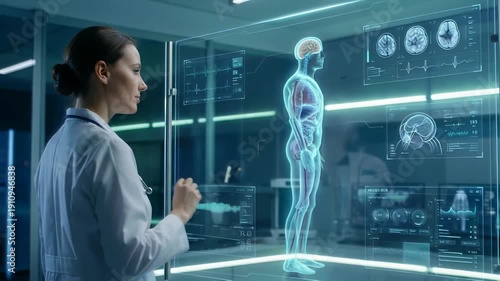 A doctor analyzing a human body X-Ray holographic screen display. The concept of futuristic medical diagnostics, advanced healthcare technology, and precision medicine. Generative AI.