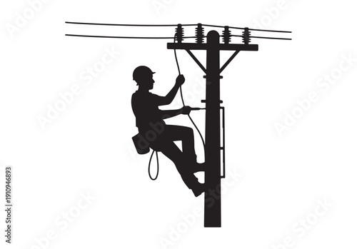 Lineman repairing electric pole silhouette vector eps 10