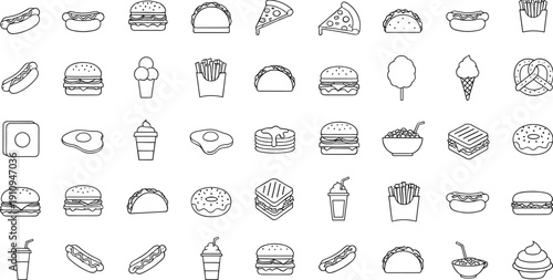 Hand Drawn Fast Food Icon Set with Burgers Pizza Hot Dogs Fries Donuts Tacos Ice Cream and Snacks Outline Vector Collection