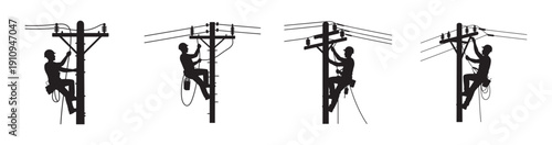 Lineman repairing electric pole silhouette vector eps 10