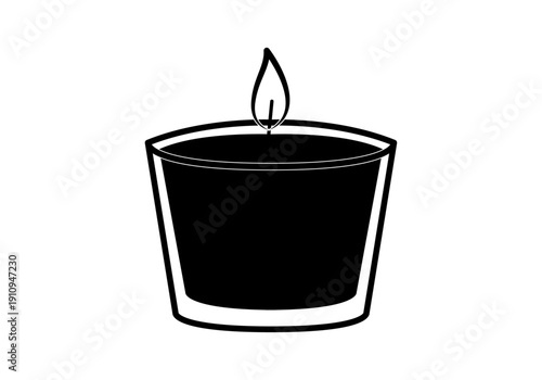 Silueta de vela aromática en tarro de vidrio con llama encendida y contorno negro