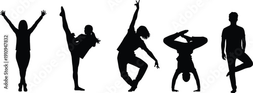 Active young people silhouettes dancing jumping and posing vector illustration set isolated on white background for lifestyle design