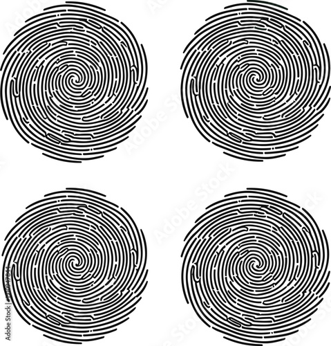 Abstract black and white vector illustration set of four circular spiral fingerprint patterns for biometric security and digital identity concept design