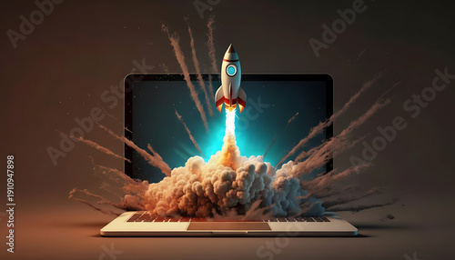 A rocket ship blasts off from a laptop computer screen with a bright blue glow and smoke effects
