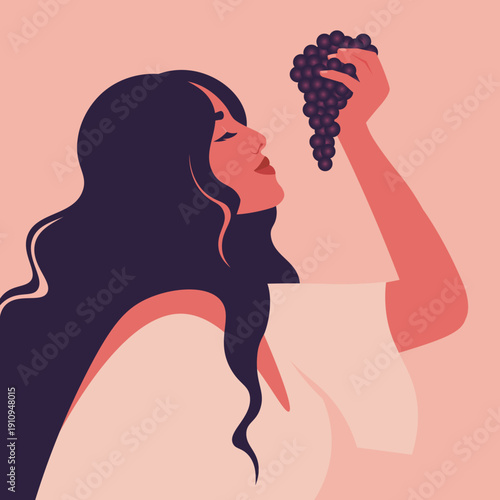 Flat vector illustration of a woman holding grapes, representing the wine industry, viticulture, vineyard harvest, and premium winemaking concept.