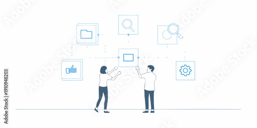 Team collaboration and data analysis with digital interface icons