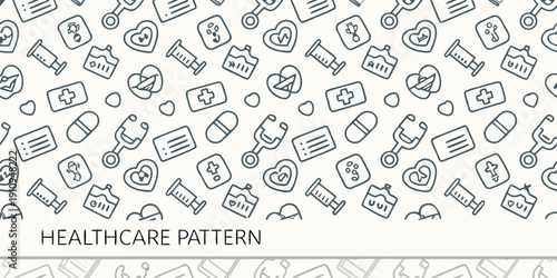 Seamless pattern of medical icons representing healthcare and wellness concepts