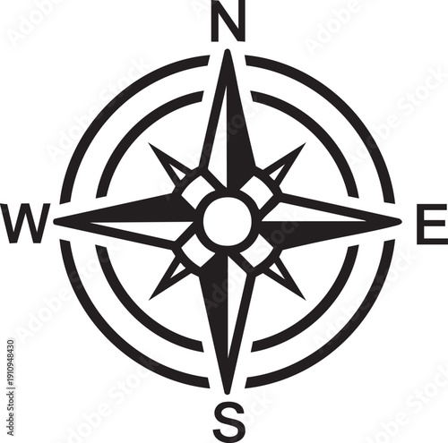 A black compass illustration on a white background viewed from directly above displaying cardinal directions