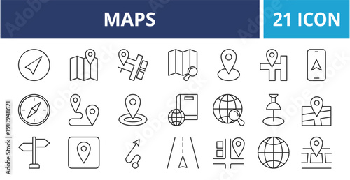 MAPS web banner icon set outline multistyle vector illustrations concept