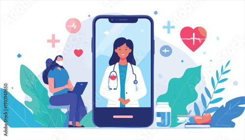 vector Telemedicine Consultation with Female Doctor Online