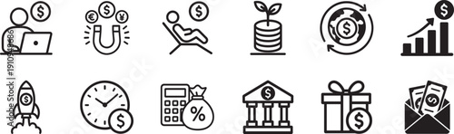 Income web icon set with salary, revenue, profit and cash flow symbols vector EPS file
