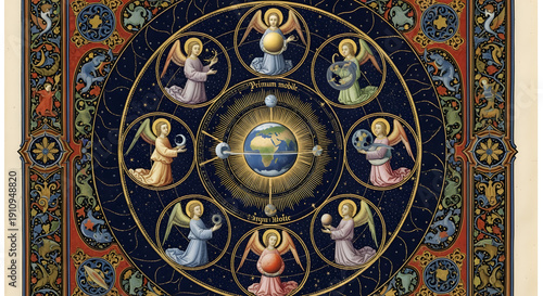 Intricate celestial mandala featuring angelic figures and a planetary system at its core, evoking cosmic wonder and ancient symbolism
