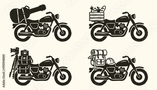 Biker Culture Graphics: Classic Motorcycles Carrying Gear for Different Hobbies