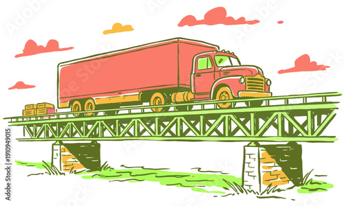 Vintage big rig truck on steel bridge structure. Global logistics delivery system artwork. Freight transport industry sketch.
