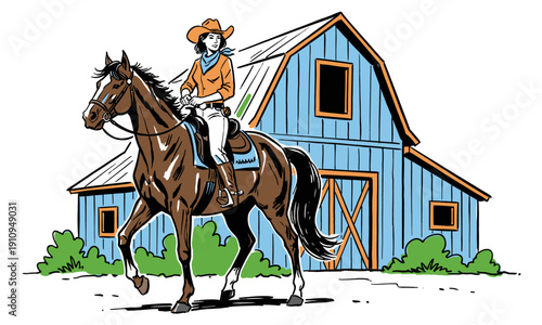 Cowgirl riding bay horse graphic illustration. Retro comic book style drawing. Western equestrian adventure design. Rustic blue farm barn background.