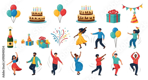 Colorful Cartoon People Celebrating Birthday.
