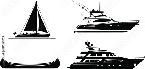 Boat and Yacht Silhouette Set Featuring Sailboat Canoe and Luxury Motor Yacht Vector Illustration Collection