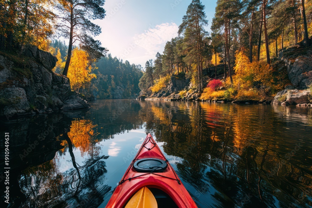 Fototapeta premium Paddling through vibrant fall forest scenery