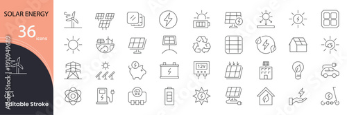  Solar Energy icon set. Renewable energy related line icons. sun, solar panel, electricity, power, eco, battery, sustainable, , charging, environment and more. Editable stroke. 