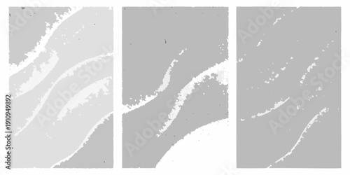 Abstract triptych featuring grayscale textured patterns resembling flowing water