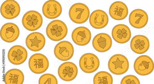 Gold Coins with Various Symbols and Characters.