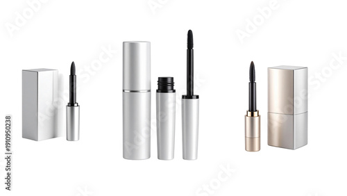 Photorealistic gel eyeliner pot with sleek modern packaging and slim angled brush pos 