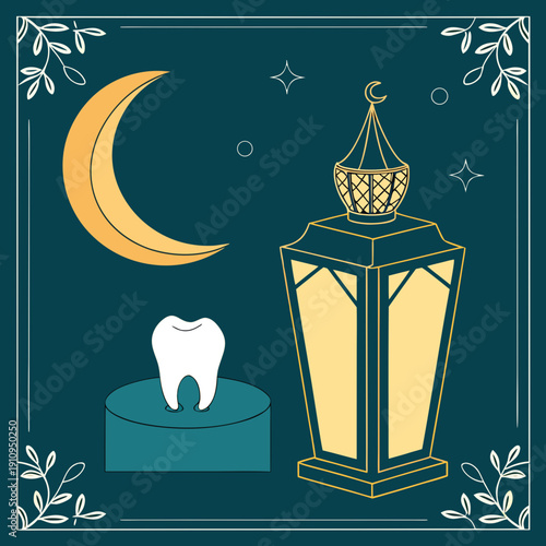 Polished teal tooth with Ramadan lantern and crescent moon, dental care Islamic celebration illustration.