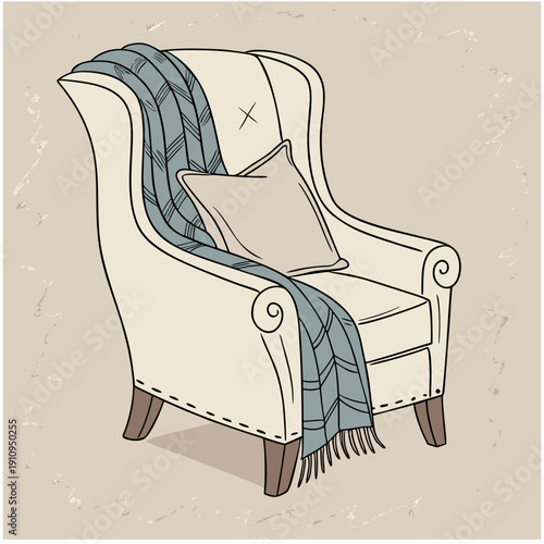 Vintage wingback armchair with plaid throw blanket and pillow, cozy home decor watercolor illustration.