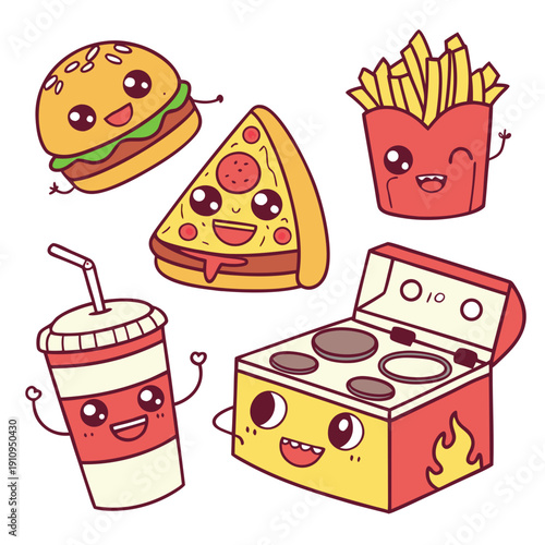 Kawaii fast food characters with burger, pizza, fries, soda and stove, cute cartoon food set.