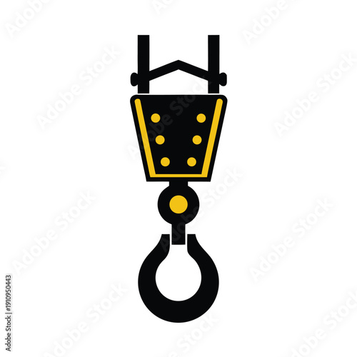Black and yellow crane hook with a hook and pulley system industrial