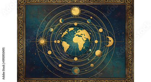 Vintage celestial map with Earth at the core, surrounded by sun, moon, and planets in an intricate golden astrological system on a deep cosmic blue background