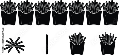 French Fries Silhouette Set with Fast Food Snack Box and Potato Stick Vector Illustration CollectionFrench Fries Silhouette Set with Fast Food Snack Box and Potato Stick Vector Illustration Collection