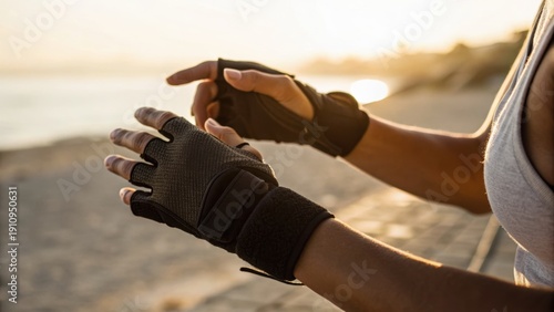 Wallpaper Mural Person wearing fingerless workout gloves preparing to exercise outdoors at sunrise or sunset by the beach. Torontodigital.ca