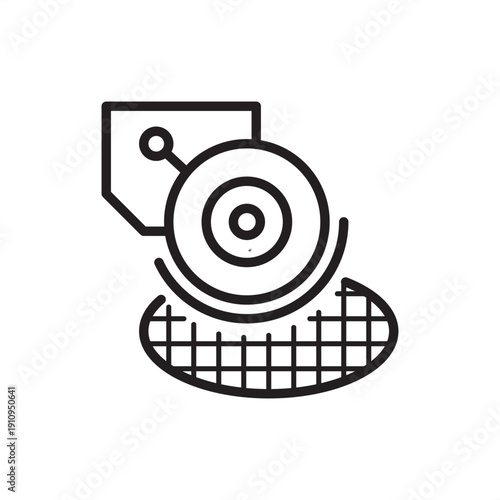 Water dicing saw icon. Semiconductor manufacturing and wafer processing, representing diamond blade cutting, microchip singulation, silicon die separation, and precision cooling fluid systems.