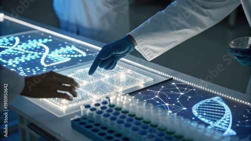 Wallpaper Mural Scientists in a lab wearing gloves interact with a futuristic digital interface displaying DNA strands and molecular structures. Torontodigital.ca