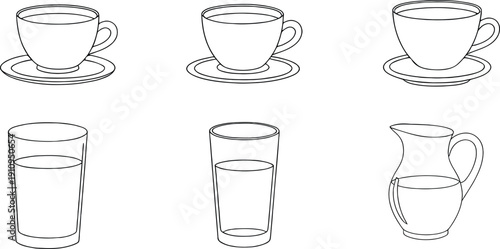 Set of six minimalist kitchenware icons cup glass pitcher dining tableware line art